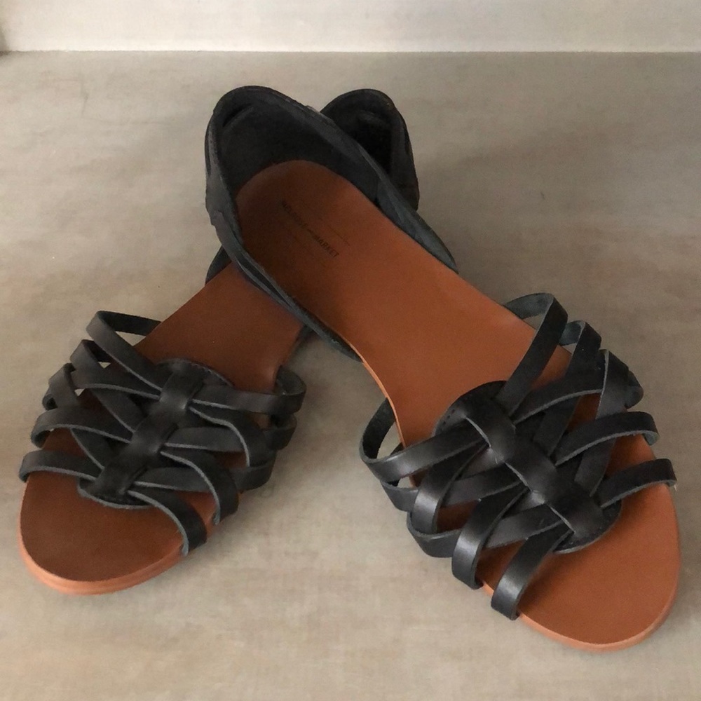 Black Leather Woven Flat
